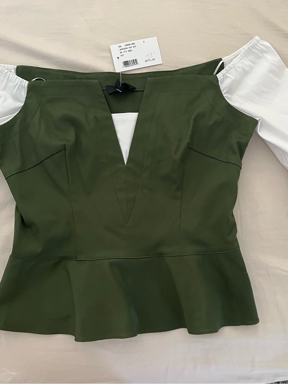 INTERMIX Olive Green and White Off-Shoulder Peplum Top